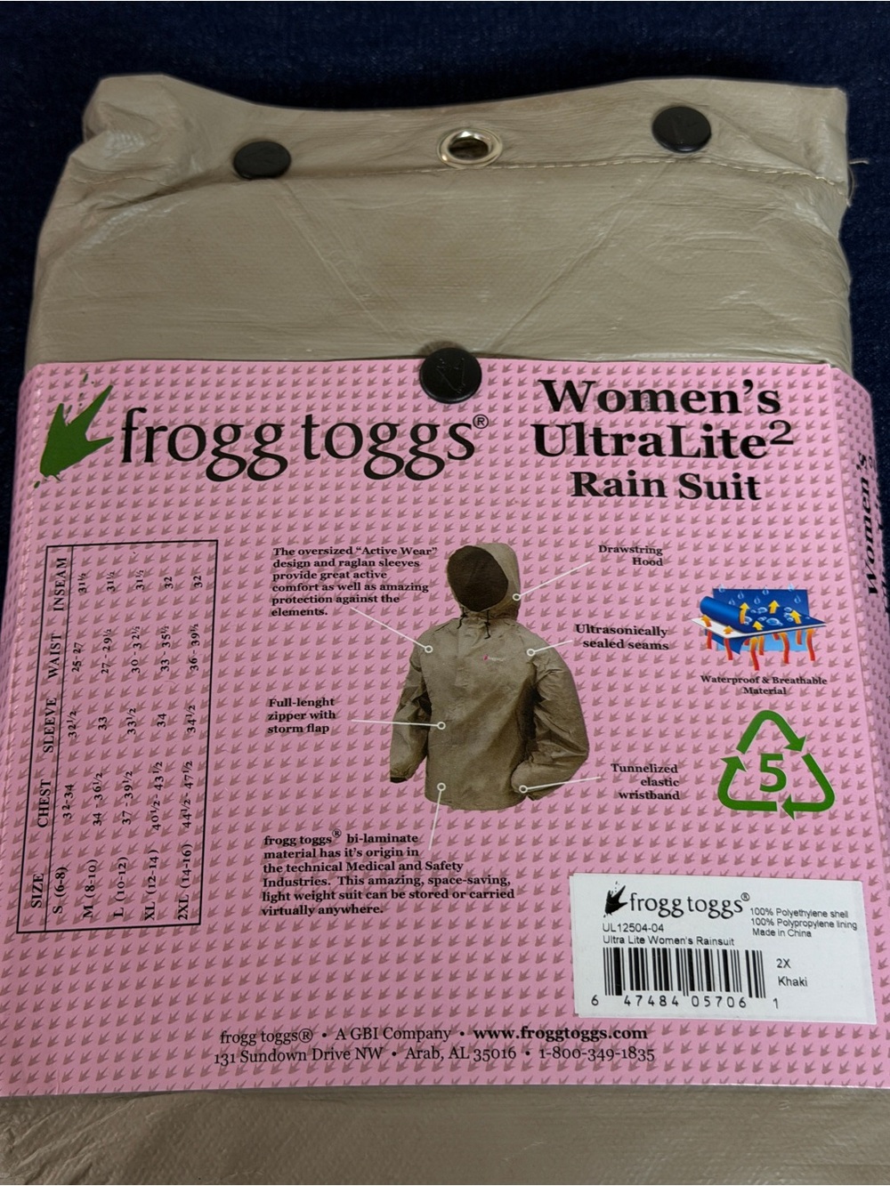 NEW Frogg Toggs UltraLite2 Women’s Rain Suit 2XL Waterproof Packable Khaki - Picture 4 of 6